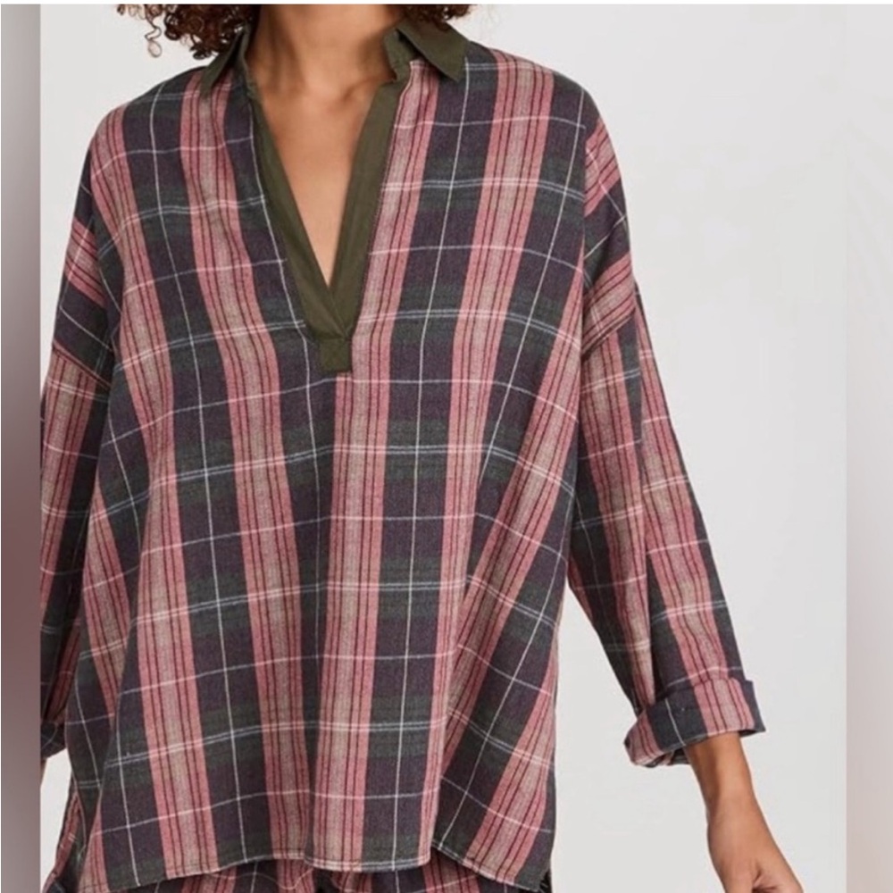 Free People Sunday Morning Plaid Cotton Flannel Sleep Shirt, sz L